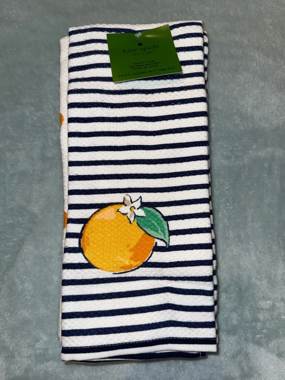 kate spade Navy & White Striped Kitchen Towel with Orange Motif